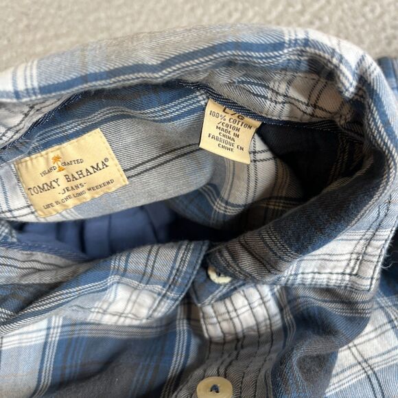 Tommy Bahama Jeans Flannel Shirt Mens Large Blue Plaid Button Long Sleeve Pocket - Picture 9 of 15